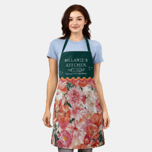 Orange Pink Floral Pattern Monogram Apron