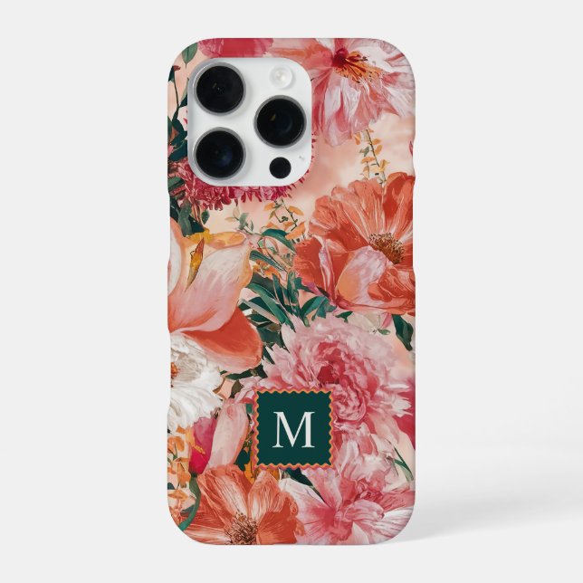 Orange Pink Floral Pattern Monogram iPhone Case (Back)
