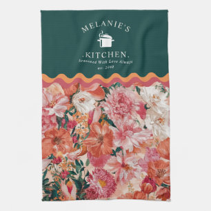 Orange Pink Floral Pattern Monogram Kitchen Towel