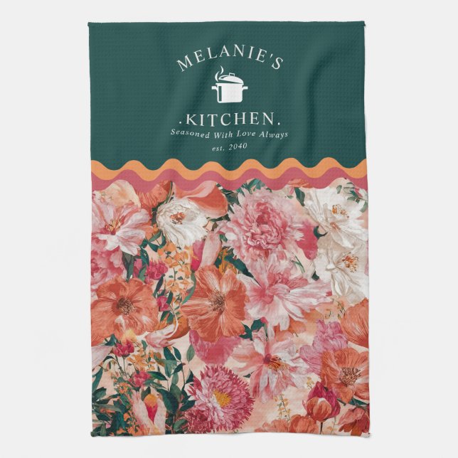 Orange Pink Floral Pattern Monogram Kitchen Towel (Vertical)