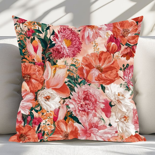 Orange Pink Floral Pattern Throw Pillow (Creator Uploaded)