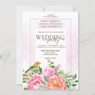 Orange Pink Floral With Bird Watercolor Wedding Invitation