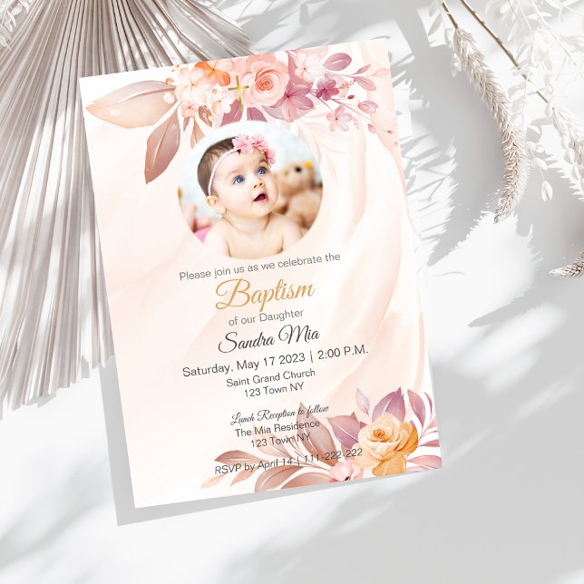 Orange Pink Floral with Photo Baptism Invitation (Orange Pink Floral with Photo Baptism Invitation )