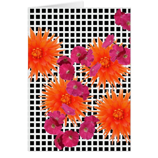 Orange Pink Flowers Black White Check Card (Front)