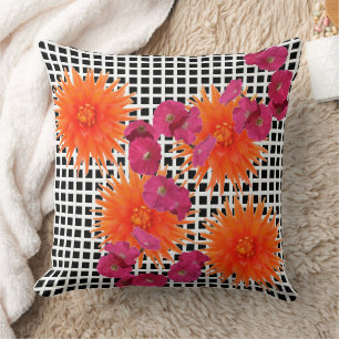 Orange Pink Flowers Black White Check Throw Pillow