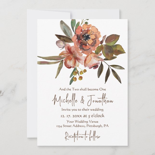 Orange Pink Flowers Greenery Christian Wedding  Invitation (Front)