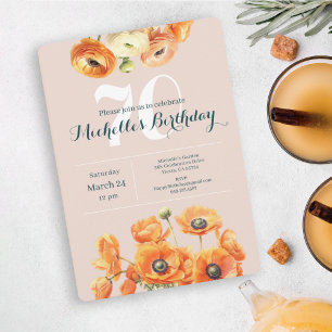 Orange Pink Garden Floral 70th Birthday Party Invitation