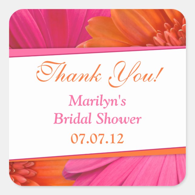 Orange Pink Gerbera Daisy Bridal Shower Thank You Square Sticker (Front)