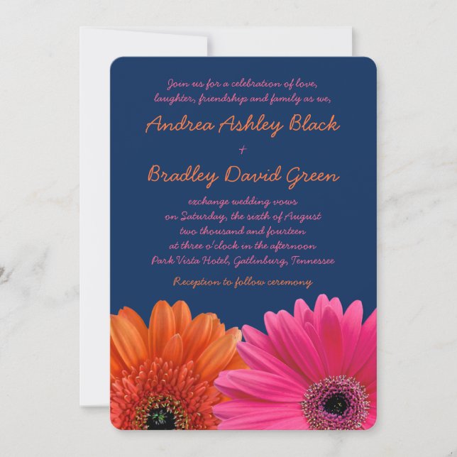 Orange Pink Gerbera Daisy Navy Wedding Invitation (Front)