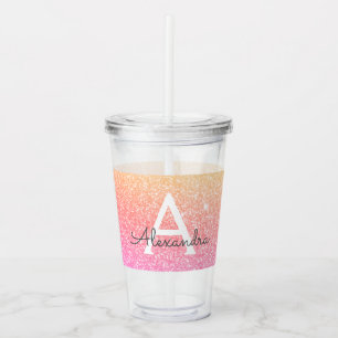 Orange Pink Glitter & Sparkle Monogram Birthday Acrylic Tumbler