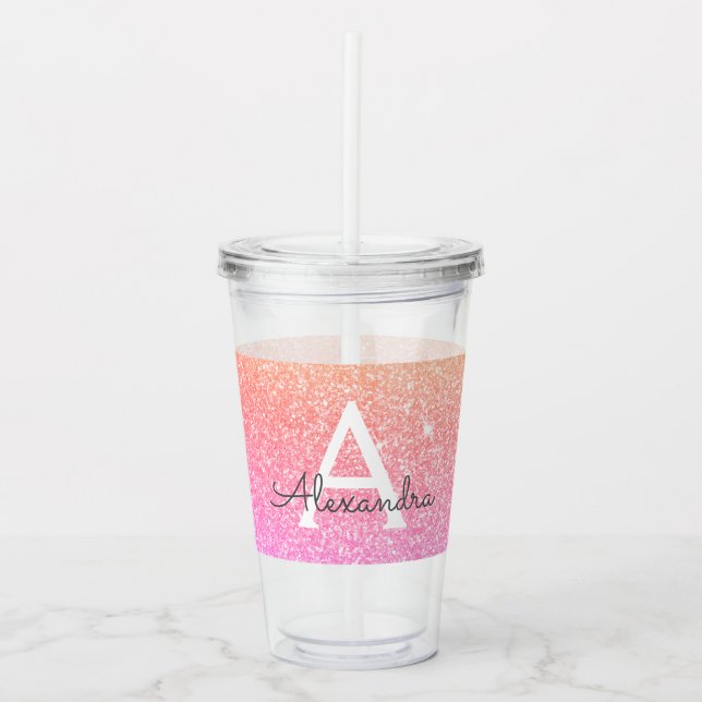Orange Pink Glitter & Sparkle Monogram Birthday Acrylic Tumbler (Front)