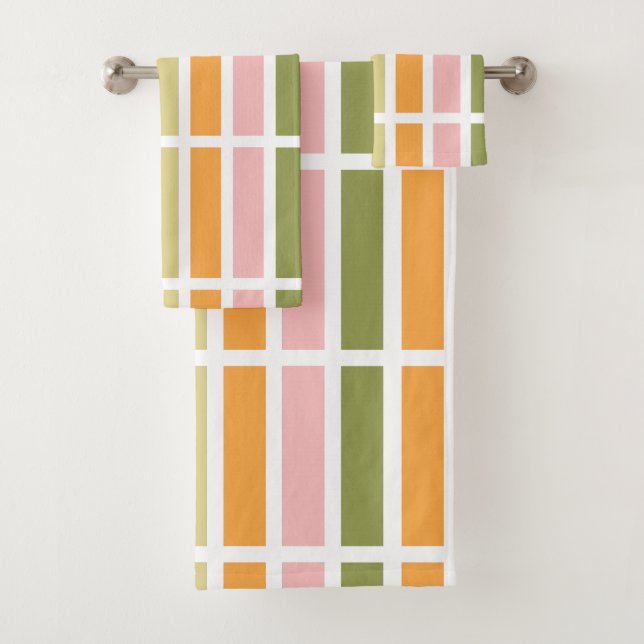 Orange Pink Gold and Green Stripes Bath Towel Set (Insitu)