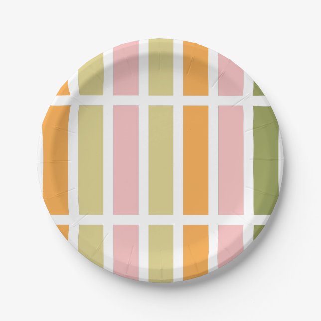 Orange Pink Gold and Green Stripes Paper Plate (Front)