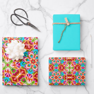 Orange, Pink, Green & Blue Pattern Wrapping Paper Sheet