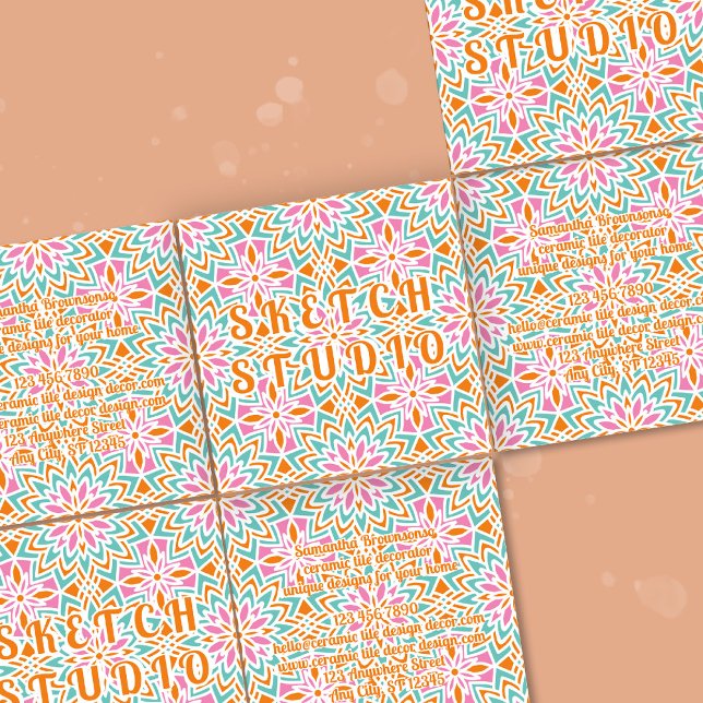 Orange Pink Green Tile Rainbow Emboss Square Business Card (Orange Pink Green Tile Rainbow Emboss Square Business Card)