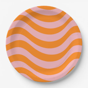 Orange Pink Groovy Retro Abstract Wave Y2K Pattern Paper Plate