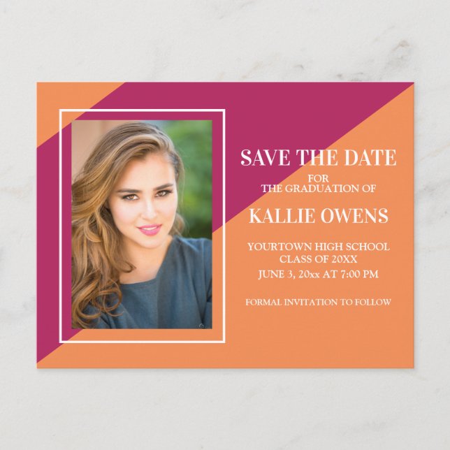 Orange Pink Magenta Graduation Save the Date Announcement Postcard (Front)