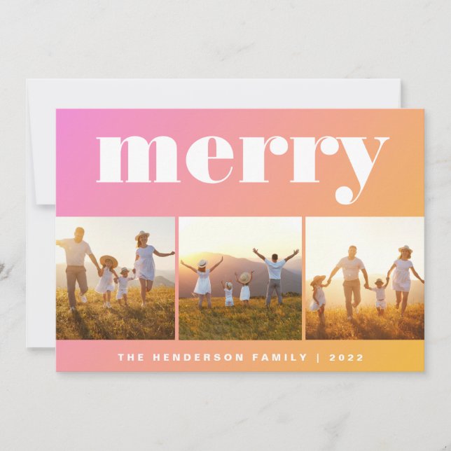 Orange Pink Merry Minimal Modern Photo Holiday Card (Front)