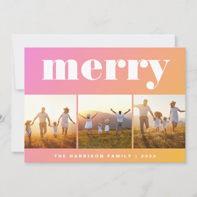 Orange Pink Merry Photos Minimal Modern Holiday Card (Front)