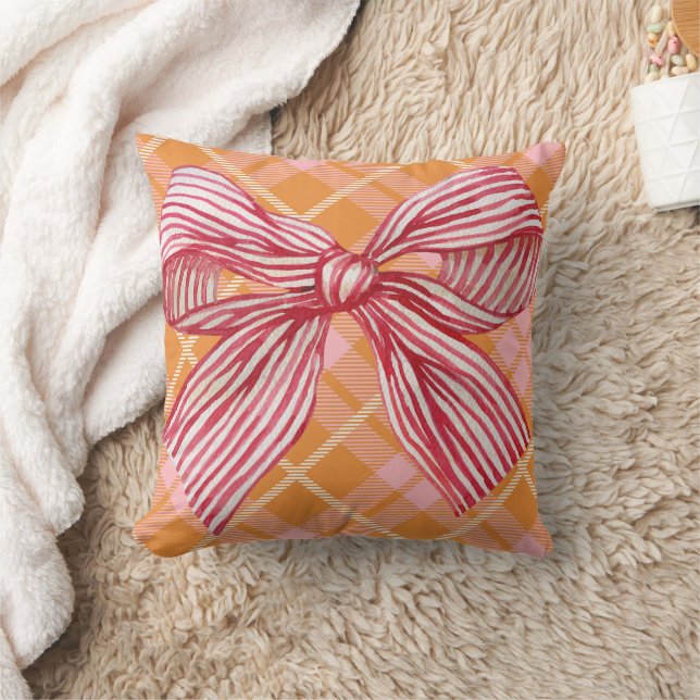 Orange Pink Pattern Holiday Bow Throw Pillow (Blanket)