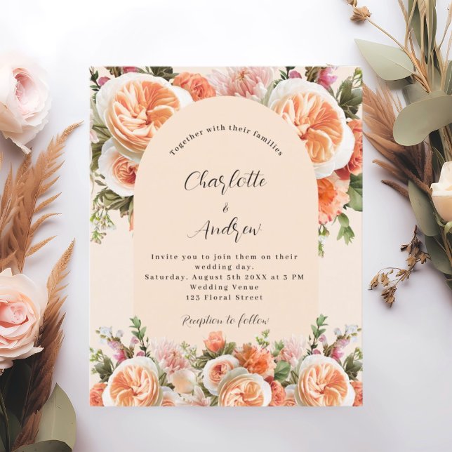 Orange pink peach florals arch wedding invitation (Creator Uploaded)