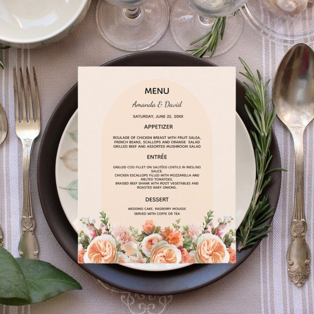 Orange pink peach florals arch wedding menu card (Creator Uploaded)