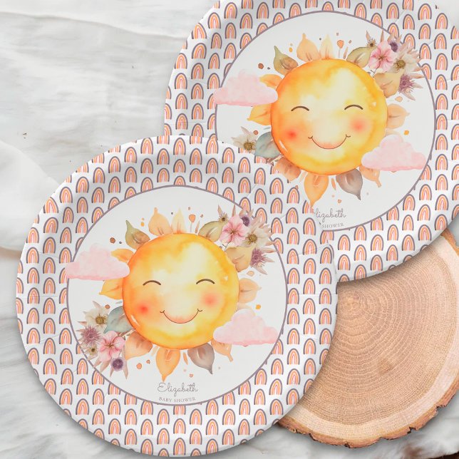 Orange Pink Rainbow Floral Boho Sun Baby Shower Paper Plate (Creator Uploaded)