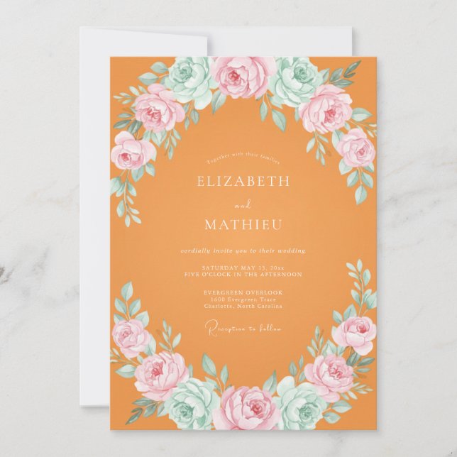 Orange Pink Ranunculus Eucalyptus Wedding Invitation (Front)