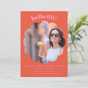 Orange Pink Scalloped Photo 60th Sixty Birthday Invitation