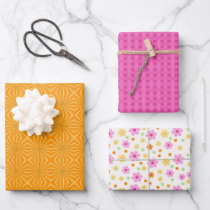 Orange & Pink Stripes Colourful Floral Vibrant Wrapping Paper Sheet