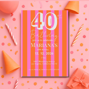  Orange Pink Stripes Modern Scripted Birthday  Invitation