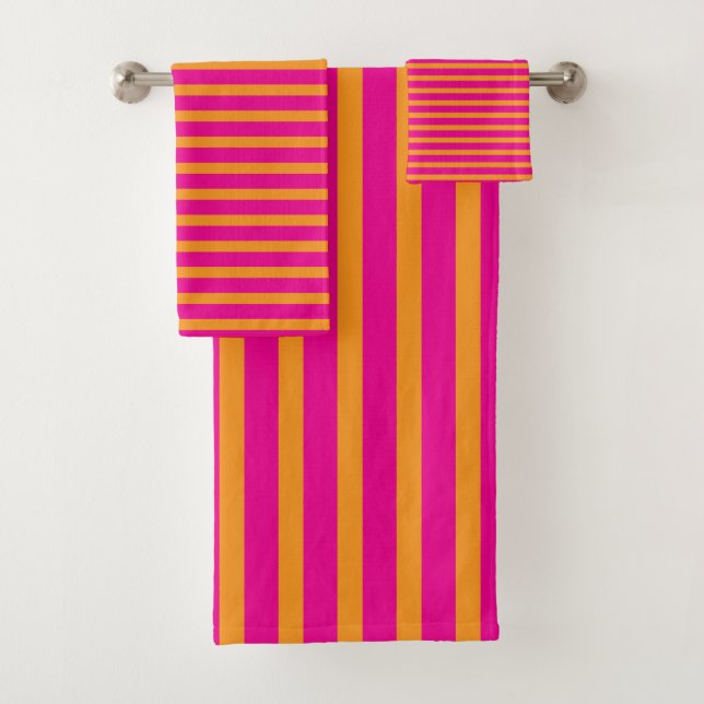 Orange Pink Stripes Patterns Hot Pink Colourful Bath Towel Set (Insitu)