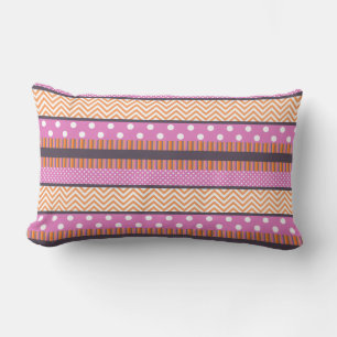 Orange & Pink Stripes Polka Dots Chevron Pattern Lumbar Pillow