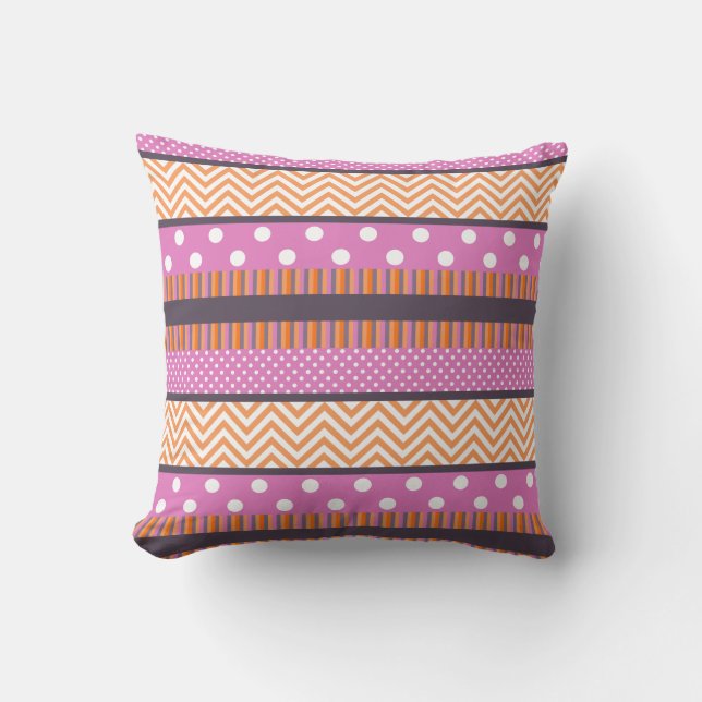 Orange & Pink Stripes Polka Dots Chevron Pattern Throw Pillow (Front)