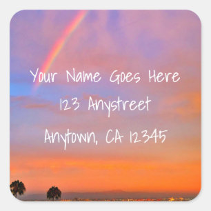 Orange pink sunset rainbow photo return address square sticker