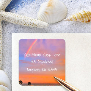 Orange pink sunset rainbow photo return address square sticker