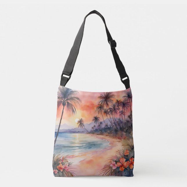 Orange Pink Sunset Tropical Beach Palm Trees Crossbody Bag (Front)