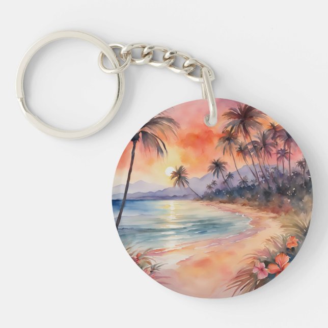 Orange Pink Sunset Tropical Beach Palm Trees Keychain (Front)