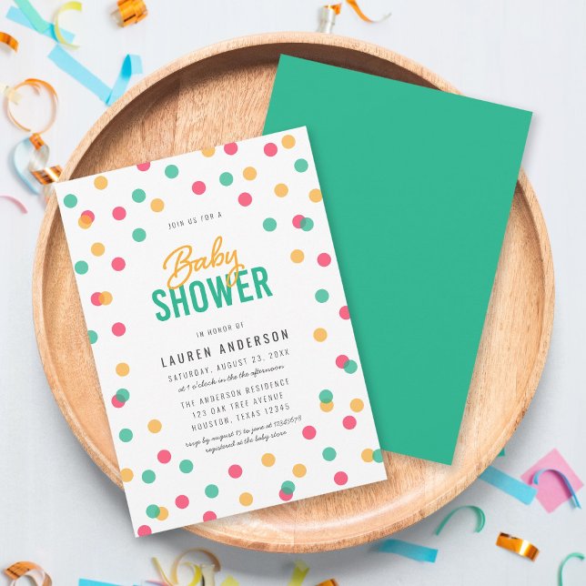 Orange Pink Teal Confetti Baby Shower Invitation (Creator Uploaded)