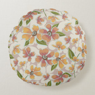 Orange Pink Tropical Retro Floral Round Pillow