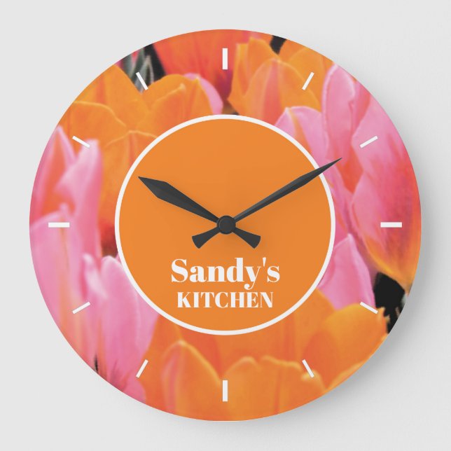 Orange & Pink Tulip Photo Personalized Large Clock (Front)