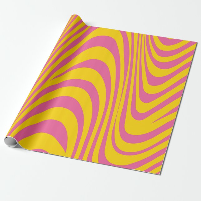 Orange Pink Wavy Pattern Retro Wrapping Paper (Unrolled)