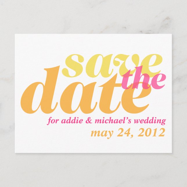 Orange pink wedding announcement save the date postcard (Front)