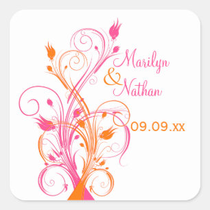 Orange Pink White Floral 1.5" Wedding Sticker