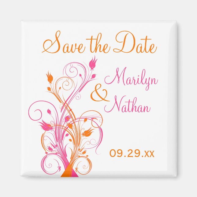 Orange Pink White Floral Save the Date Magnet (Front)