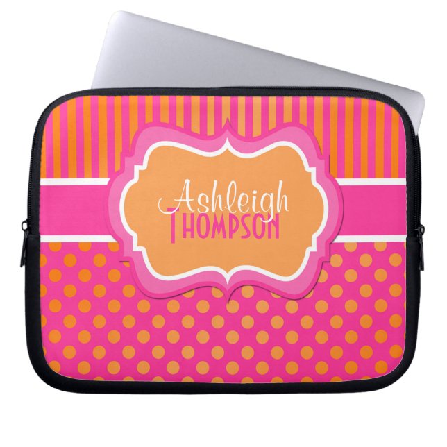 Orange Pink White Polka Dot Stripe Laptop Sleeve (Front)