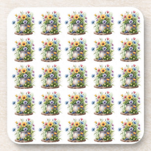 orange, pink, yellow, and blue flowers pattern coaster