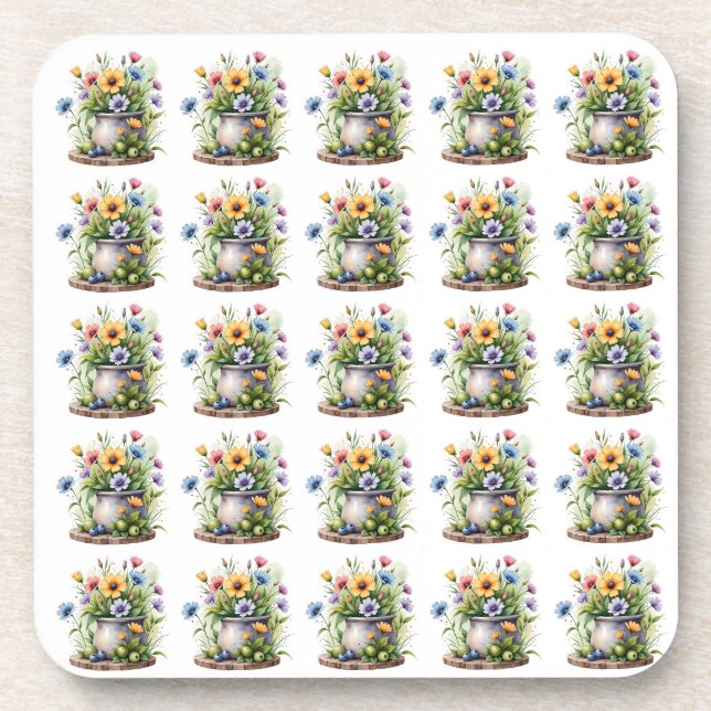 orange, pink, yellow, and blue flowers pattern coaster (Front)