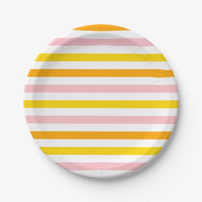 Orange, Pink & Yellow Striped Paper Plate (Front)
