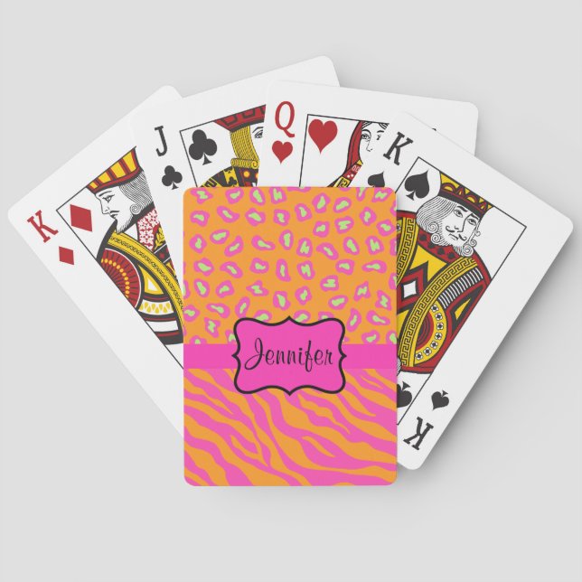 Orange & Pink Zebra & Cheetah Personalized Playing Cards (Back)